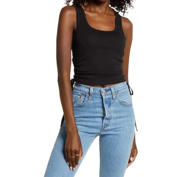 Open Edit Ruched Tie Black Cropped Tank Top - Picture 1 of 5